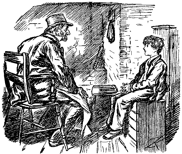 Boy talking to grandpa.