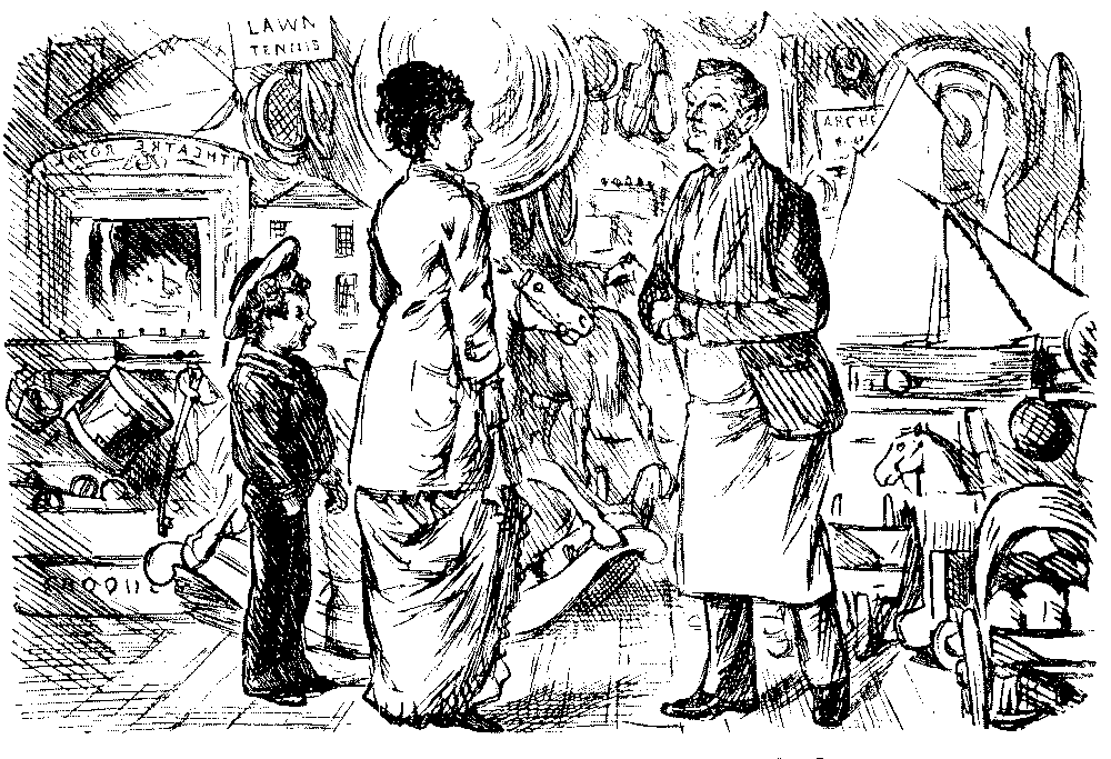 Woman talking to shopkeeper.