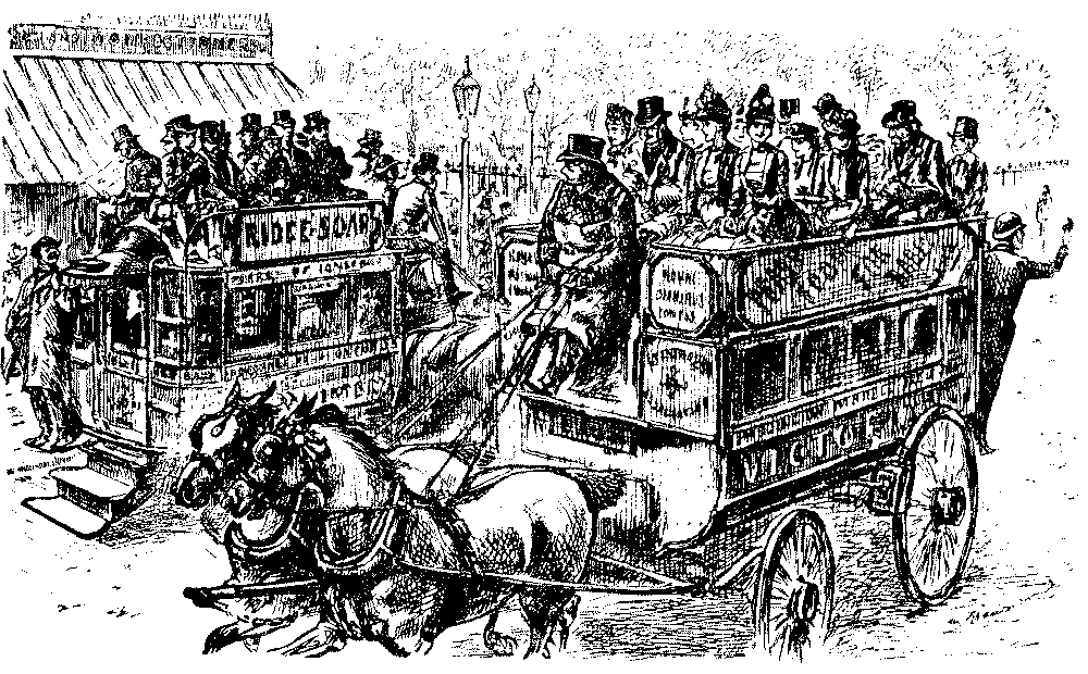 Two crowded horse drawn omnibuses