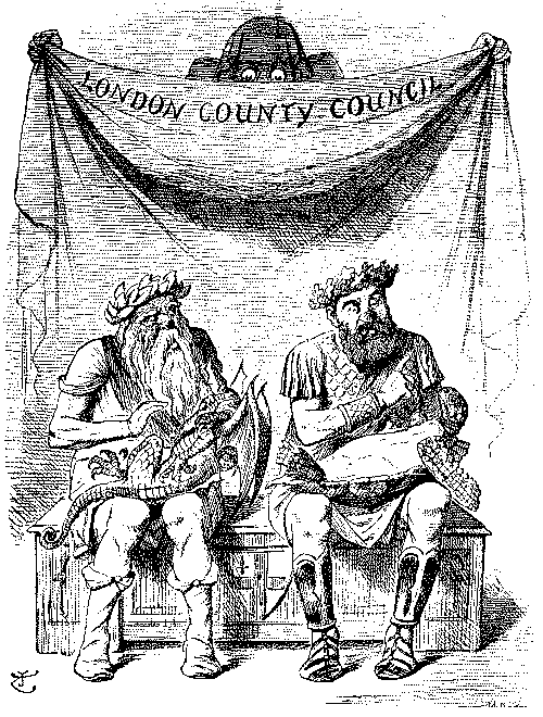 Cartoon. Figure peering at two persons beneath.