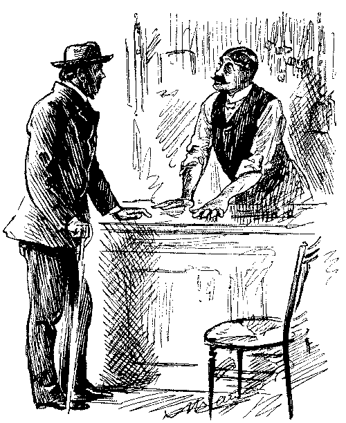 Man speaking to shopkeeper.