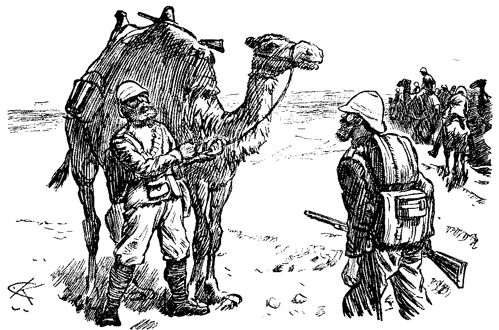 Soldier with camel, speaking to colleague.