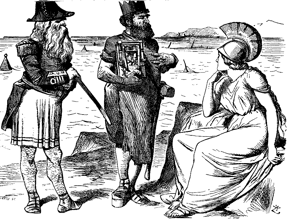 Cartoon. Two men talking to Brittamia.