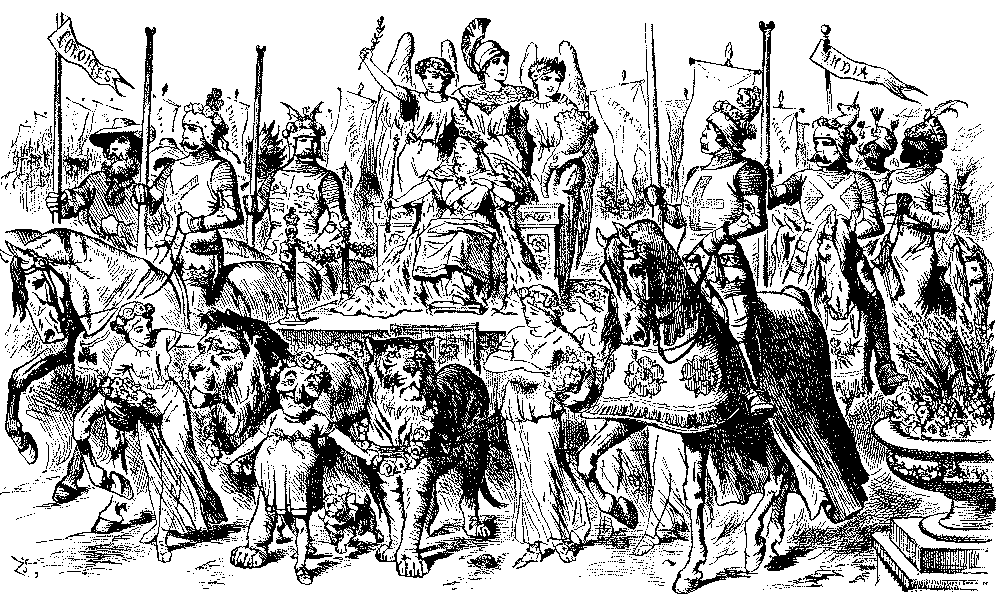 Cartoon, Queen surrounded by colonial representatives