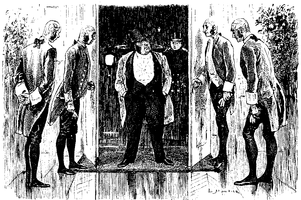 Man greeted by four servants.