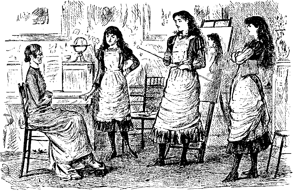 Governess talking to three girls.