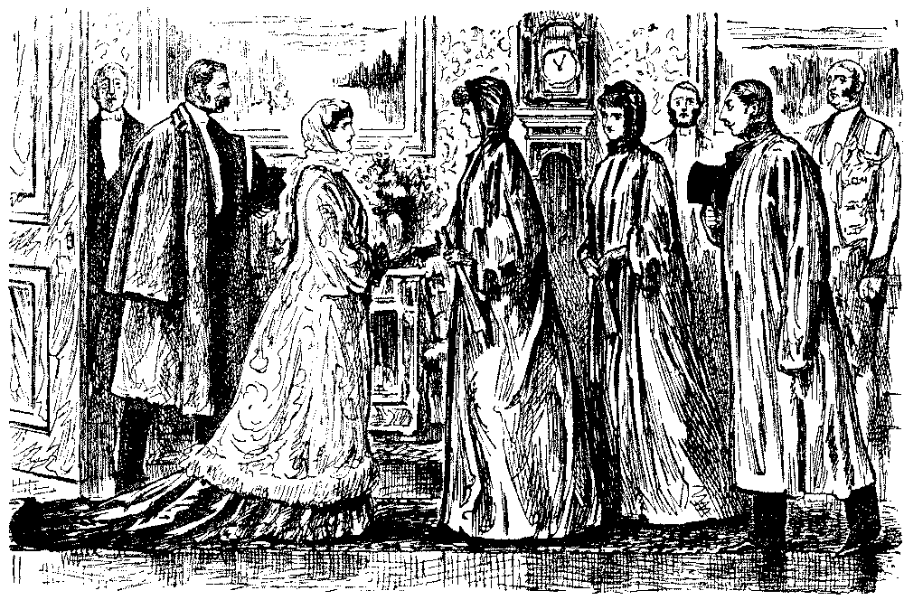 Group of peop;e leaving imposing residence.