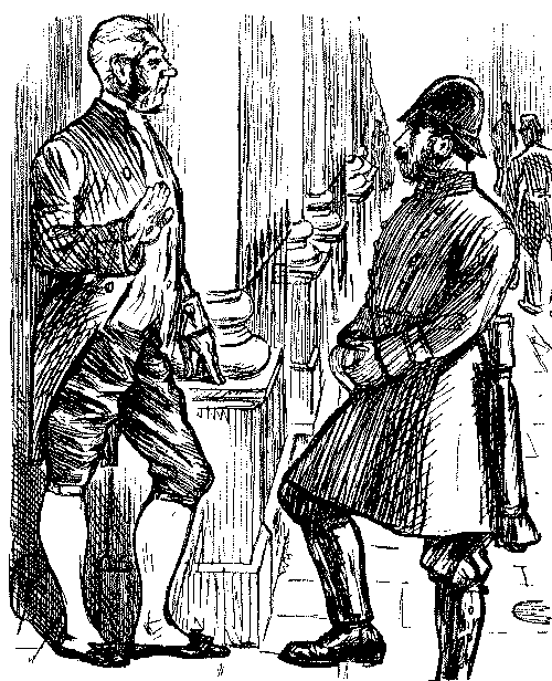 Liveried footman talking to a constable.
