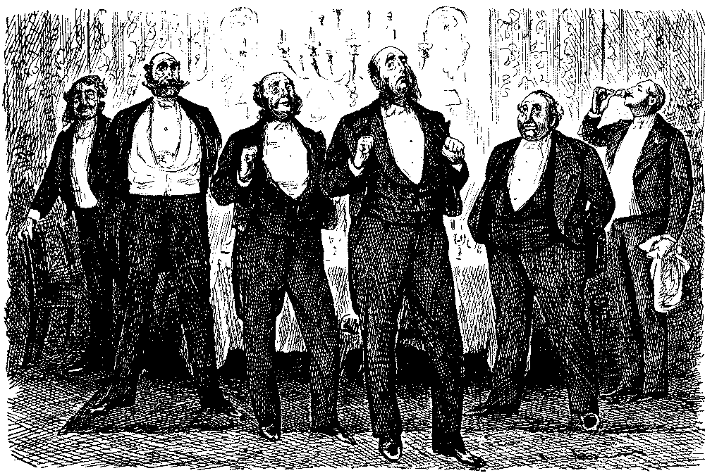 Group of men studying a picture.