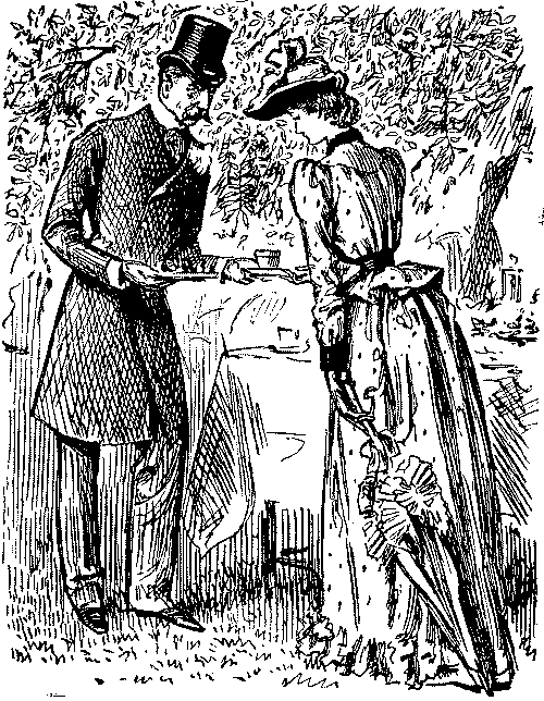 Man offering tea and strawberries to lady.