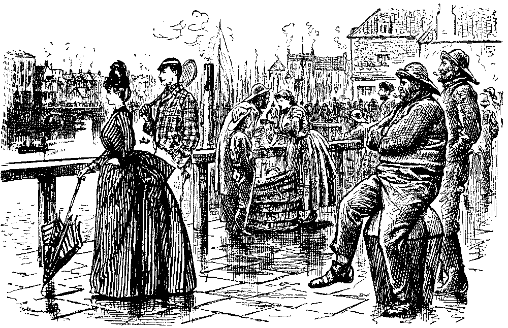 Fisherman commenting on lady's dress.