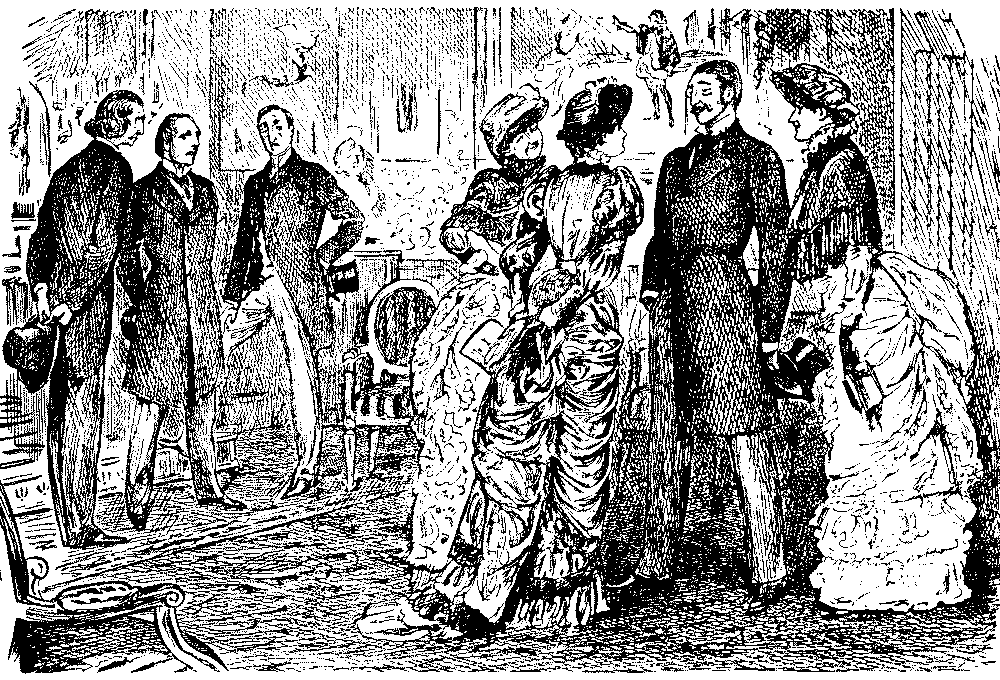 Group of men discussing another talking to ladies.