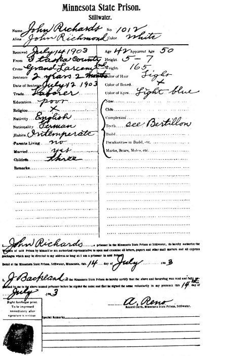 Reproduction of record from files of Minnesota State Prison, showing record of former inmate.