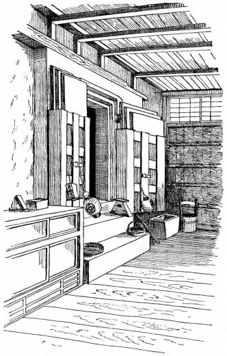 Fig. 139.—Space between dwelling and kura, roofed over and utilized as a kitchen in Tokio.