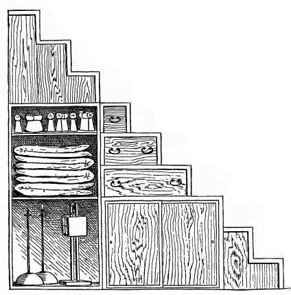Fig. 177.—Kitchen closet, drawers, cupboard, and stairs combined.