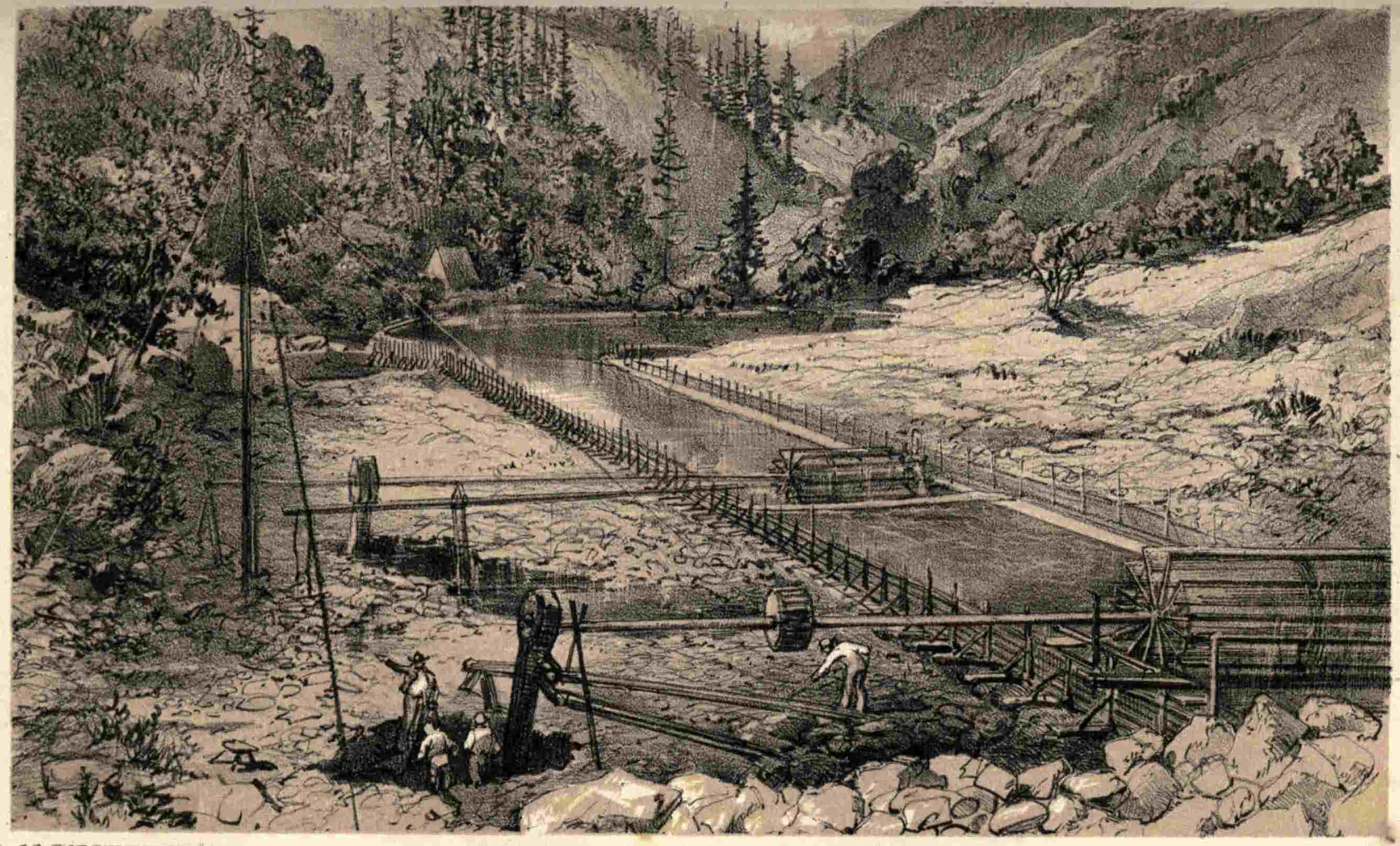 J. D. BORTHWICK DELT.     M & N HANHART, IMP^T

A “FLUME” ON THE YUBA RIVER.