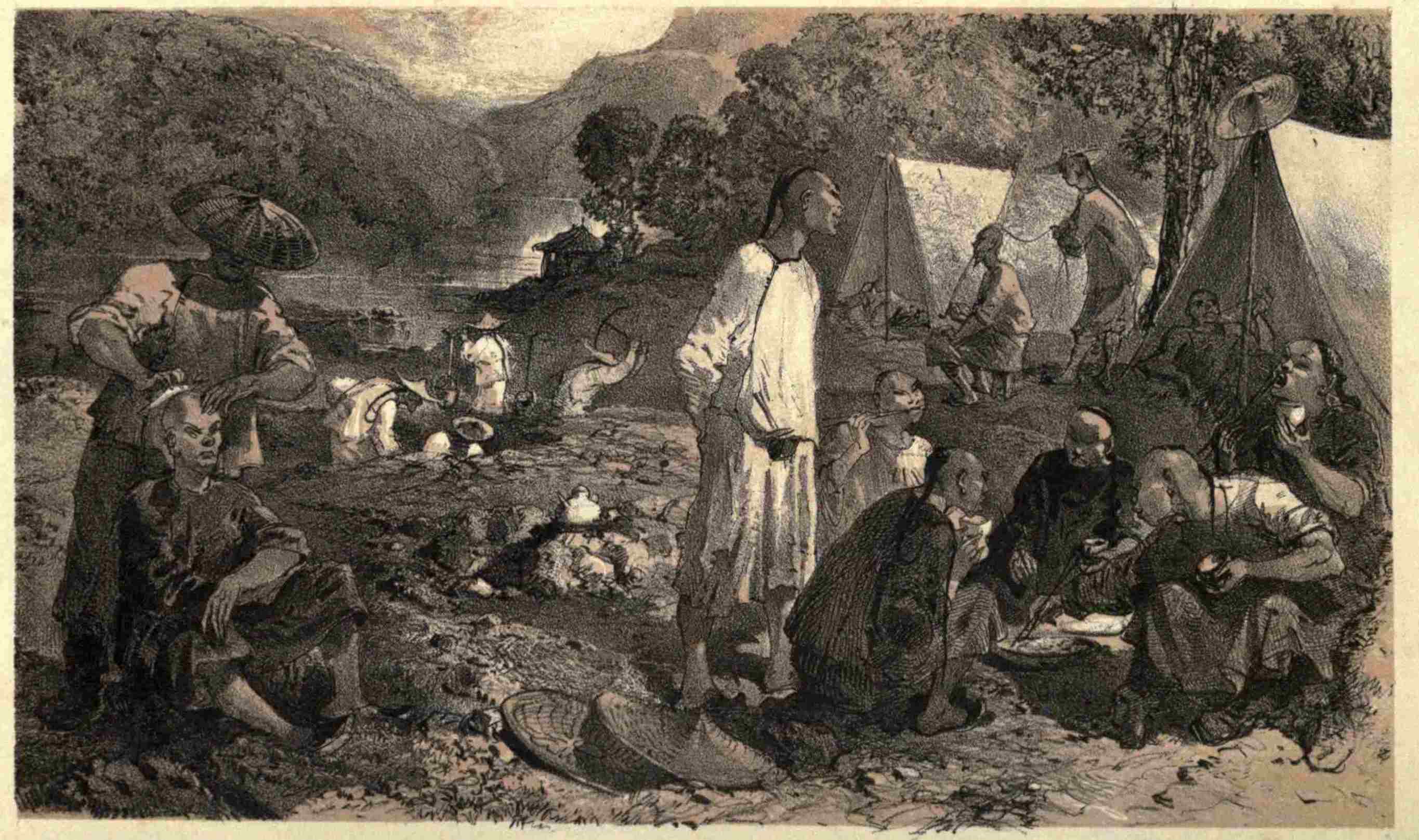 J. D. BORTHWICK DELT.      M & N HANHART, LITH.

CHINESE CAMP IN THE MINES