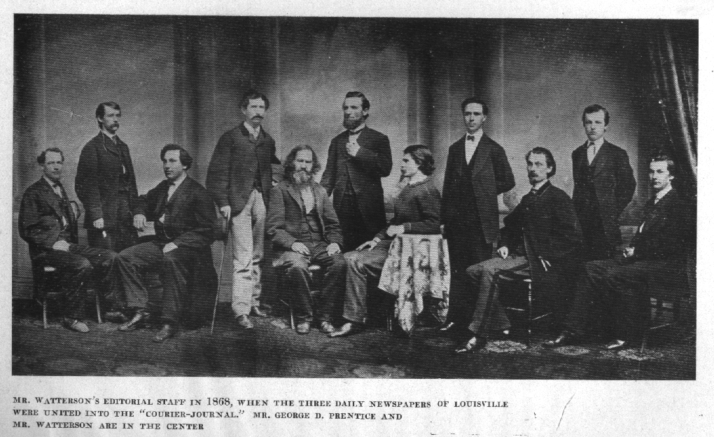 Mr. Watterson"s Editorial Staff in 1868, When the
Three Daily Newspapers of Louisville Were United into the
"Courier-Journal." Mr. George D. Prentice and Mr. Watterson Are in
the Center.